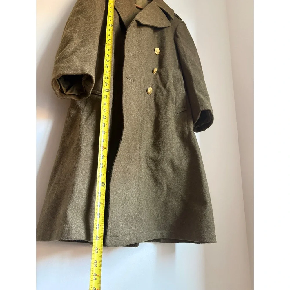 Vintage 1948 US Army Wool Overcoat Men Green Double Breasted Trench Coat 36S WW2